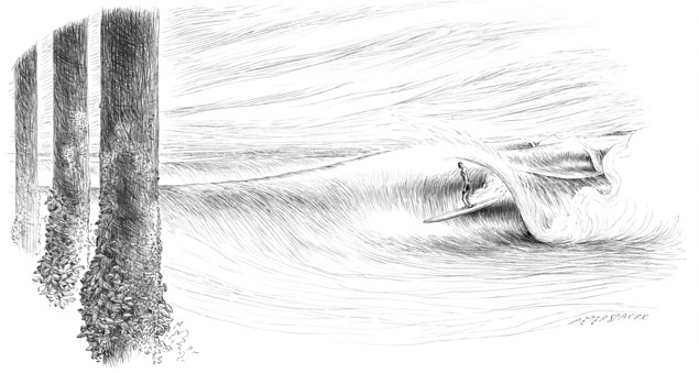 An artistic rendering of Nick Gabaldon's last wave at the Malibu Pier. Gabaldon is credited with being the first documented African American surfer. Art: Peter Spacek