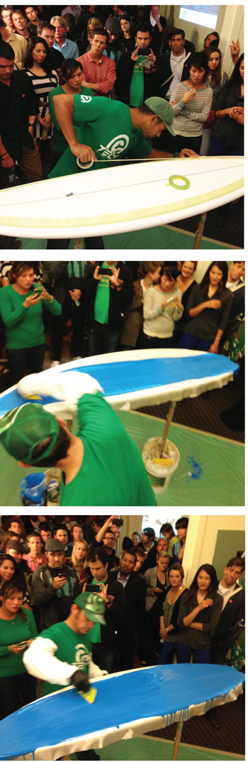 Glassing a surfboard at a Party