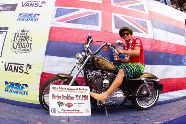 Sebastian Zietz claimed a Harley along with his cash prize for winning the 2012 Vans Triple Crown of Surfing. Image: ASP/ Kirstin