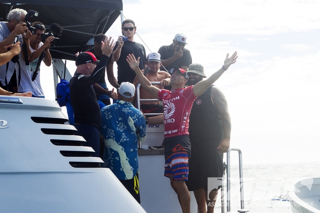 Kelly Slater celebrates his win in FIji. Photo: ASP/Kirstin