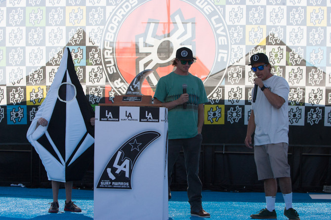 Alex Gray accepts his Breakout Surfer of the Year award.  PHOTO: B3RKY