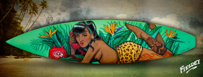 "Hula Girl 2" 2013. Aerosol and acrylic paint on surfboard. Commission piece. Photo: <a href="http://www.fieldey.com/">Fieldey</a>