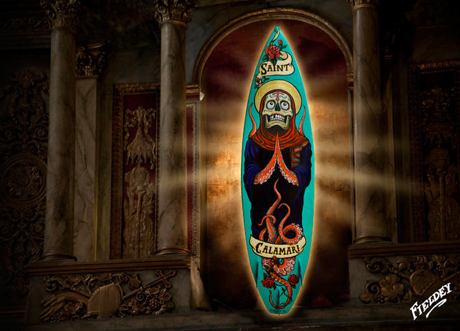 "Saint Calamari" 2012. Aerosol and acrylic paint on surfboard. Photo: <a href="http://www.fieldey.com/">Fieldey</a>