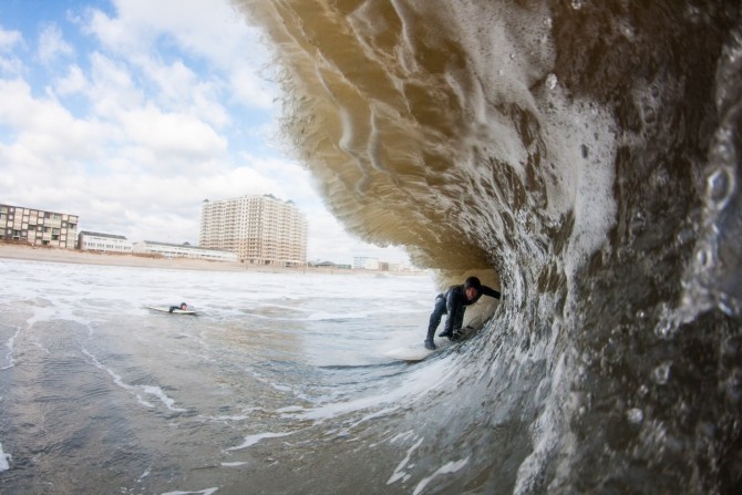 Remington pulls into a frigid, square barrel captured by Denny.