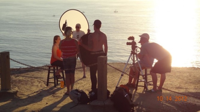 On-site, behind the scenes shot of filming Out In The Lineup at Blacks Beach in San Diego. Photo: Out In The Lineup