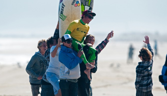 Parker Coffin greeted by a grom. These young up-and-comers are entering a different industry. Photo: Bobby Siliato