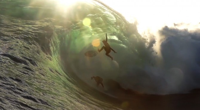 Brad Domke and skimboard ninja kick above Mark Mathews while filming the first ever Virtual Reality barrel at The Right. Things could have gone better, ehh?