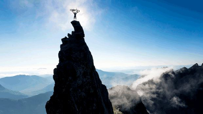 Danny MacAskill summits a steep peak on the Isle of Skye for his recent video, The Ridgeline.