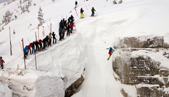 An unknown skier spins off the huge drop into Corbet's Couloir at Jackson Hole Mountain Resort. Photo: Courtesy of Teton Gravity Research