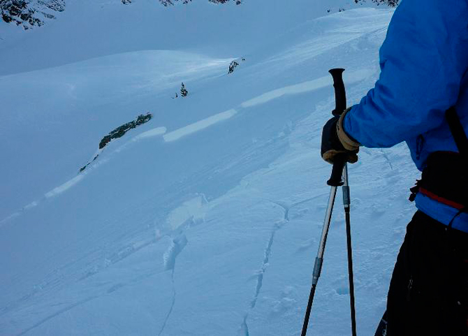 A windslab has released. Note the relatively firm, well-consolidated surface characteristic of wind slabs and the shooting cracks that often form as precursors to a full fracture. Photo: bealadventures.com