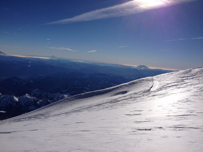 Icy conditions, with sastrugi (the wind-formed ridges you see in the picture) on the Kautz Glacier of Mt. Rainier. Photo: Ian Bolliger