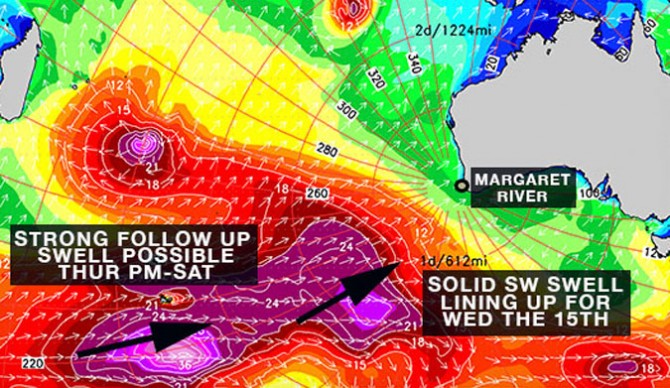 Those lovely purple blobs are headed straight for Margie's. Photo: Surfline