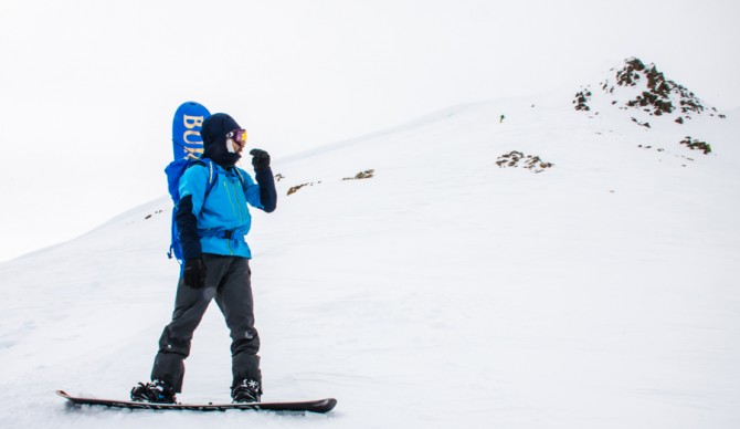 Christian Regester after dropping off the ridge of Mt Fox in flat light conditions. Photo: John Robison IV