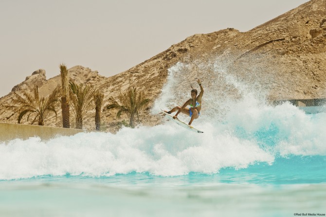 Sally Fitzgibbons at the Wadi Adventure Park wave pool. Photo: Red Bull