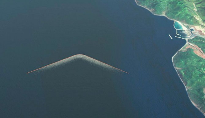 A bird's eye view of what the 100km technology may eventually look like. Photo: <a href="http://www.theoceancleanup.com/">The Ocean Cleanup</a>