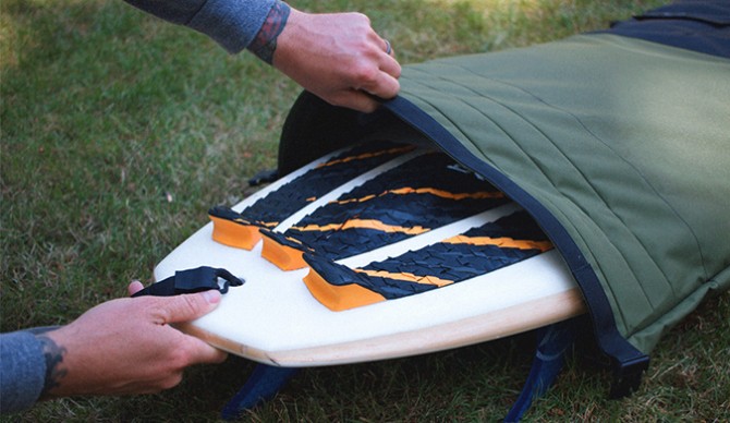 The roll top enclosure is one of the features that makes Wayward's Board Bag unique. Photo: Wayward Stock Company