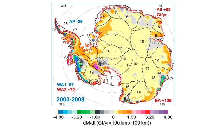 Map showing the rates of mass changes from ICESat 2003-2008 over Antarctica. Image: Jay Zwally/ Journal of Glaciology