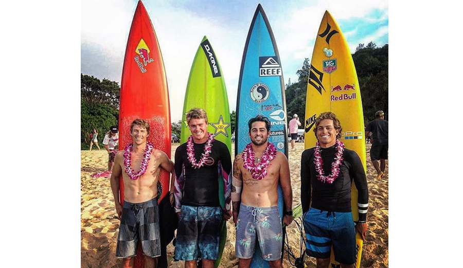 Maui's finest: Ian Walsh, Albee Layer, Billy Kemper, and Kai Lenny at the Eddie Aikau opening ceremony. Notice how much smaller Albee's board is than the rest of them.