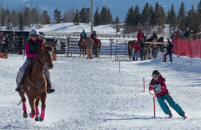 Skier Amy David, Cowgirl Jessie Ann Chrisman, and the flying horse "Roses Corona"