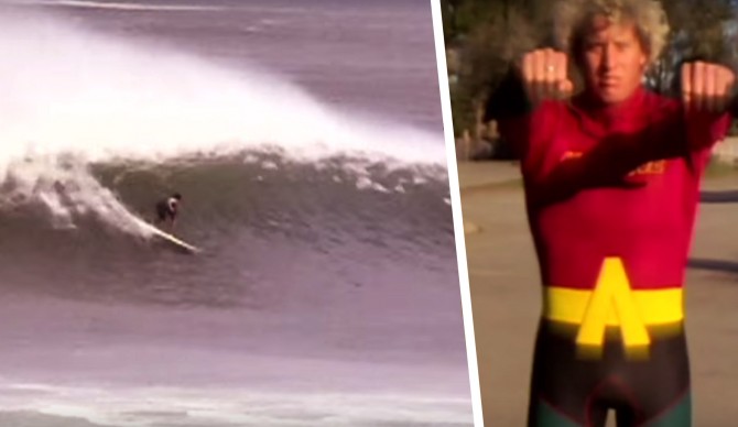 Rob Machado at epic Mundaka (L) and Barney, character eternal (R).