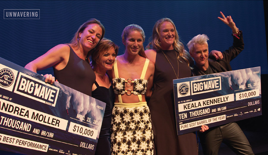 Andrea Moller, Bianca Valenti, Paige Alms, and Keala Kennelly celebrate an historic evening at the 2016 Big Wave Awards Photo: Unwavering