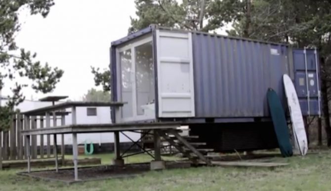 Clean lines define this surf-equipped converted container on the Washington coast.