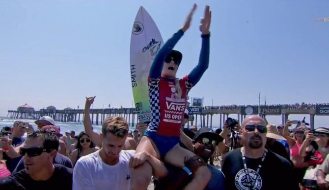 Tatiana Weston-Webb lets out a few shrieks of joy after winning the 2016 US Open of Surfing. Image: WSL