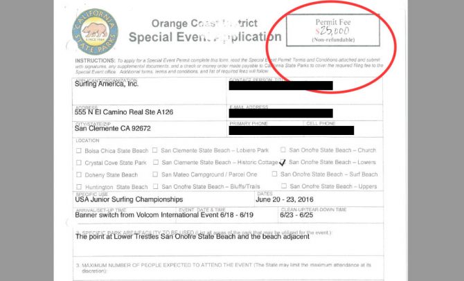 The permit from this year's Surfing America USA Championships show event organizers paid $25,000 for the use of Lower Trestles.