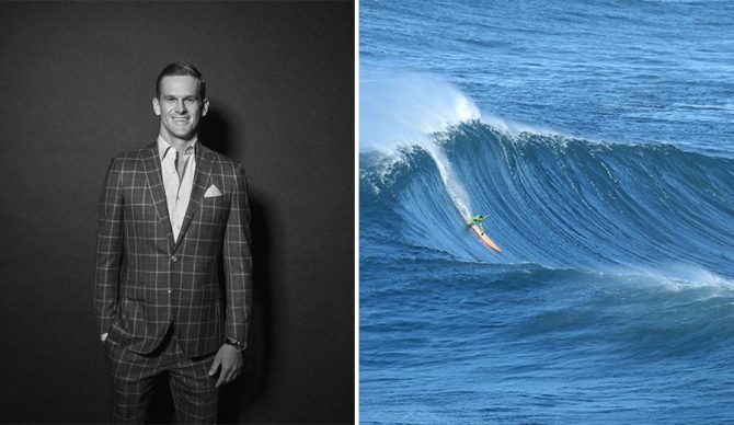 Nic Lamb is a big wave hellman that could just as easily land the cover of GQ. Photos: WSL/ JP Van Swae (L) // WSL/Vitor Estrelinha (R)