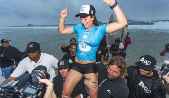 Tyler Wright, shown here after an event win in Brazil this year, has clinched her first world title. Photo: WSL