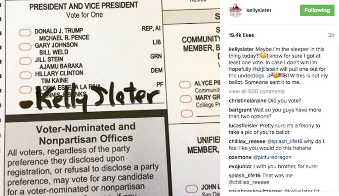 Kelly posted this photo on election Tuesday. It wasn't his ballot, apparently. He supports Jill Stein. But, uh, isn't voting. Photo: Instagram