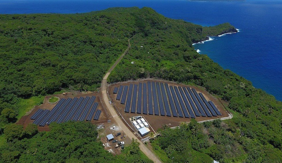  Ta’u now hosts a solar power and battery storage-enabled microgrid that can supply nearly 100 percent of the island’s power needs from renewable energy. Image: SolarCity