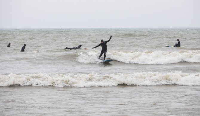 The waves may not have been as big as projected, but Shaun's classic style was on display. Turning heads in Lake Michigan. Photo: Mike Killion