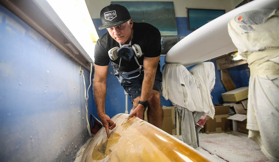 Roberts Surfboards first board sitting in shaping room.