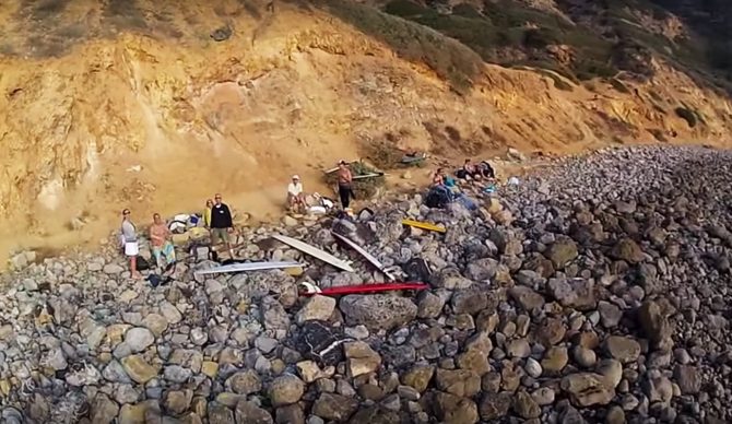 The scene at Lunada Beach as shot by a drone. Seconds later a rock was thrown at this drone. Image: Youtube