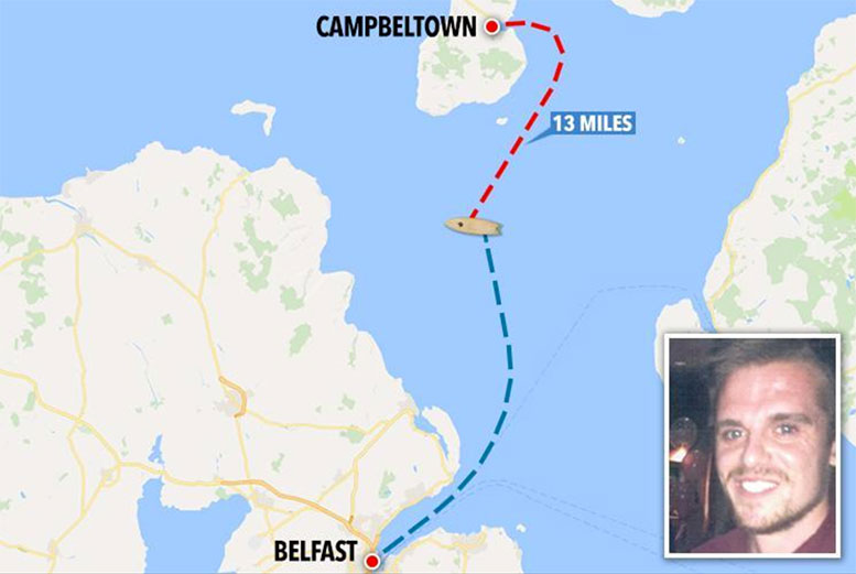 The man was found 13 miles from the Scottish coastline, then taken to Belfast, Ireland for treatment.