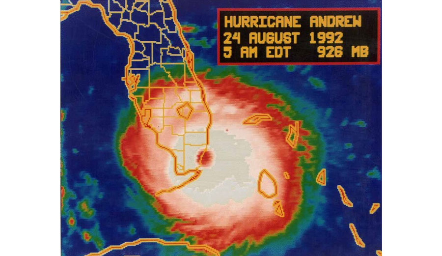 Satellite image of Hurricane Andrew making landfall in south Florida as a Category 5 hurricane on Aug. 24, 1992.