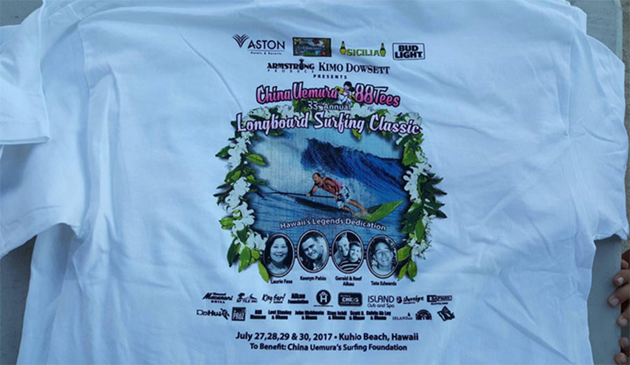 The shirt for the 33rd annual Longboard Surfing Classic at Kuhio Beach. 