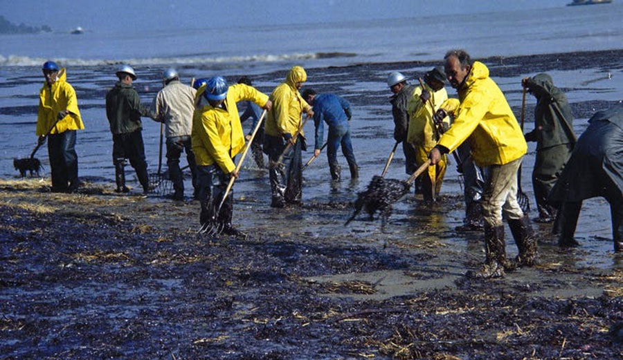 Crews clean up oil-soaked straw on the beach in Santa Barbara, Feb. 6, 1969, after an offshore oil well ruptured. California has enacted laws and regulations to prevent new drilling along its coast. Photo: AP Photo/Wally Fong