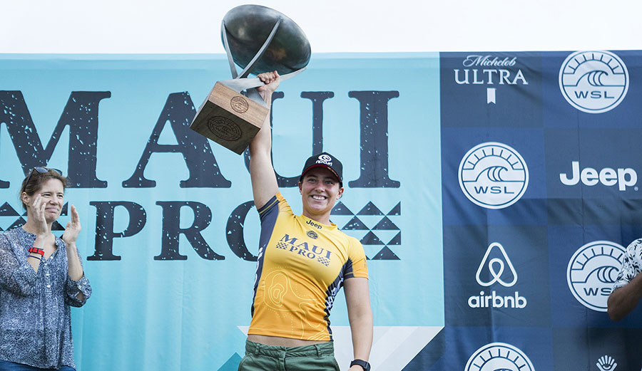 Tyler Wright hoisted the championship trophy for the second consecutive year. Photo: WSL/Cestari