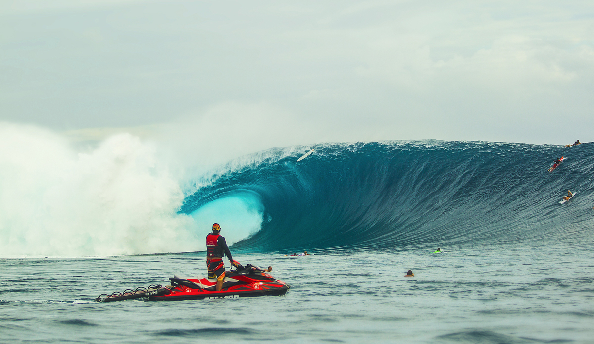 Fiji during the Volcom Fiji Pro. The most perfect day I have ever seen in my whole life. That\'s Mark Healey\'s board going over with Kaiborg on the ski moments before grabbing Mark. Photo: <a href=\"http://www.brianbielmann.com\">BrianBielmann.com</a>