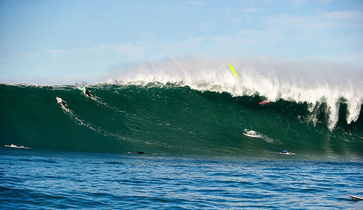 Jake Trette, Mavericks:  This is not a great shot at all, sitting in the channel at Mavericks on Ken Collins\' ski and taking a few photos now and then, I was actually thinking of getting a few waves myself. It looked like the perfect day to sneak a few waves; a beginner\'s day, some might say. I am certainly glad I didn’t make that decision because out of nowhere these two absolute bombs came through and caught the pack completely out of place. For experienced Maverick\'s surfers, it\'s not so much of a problem, but for surfers that were inexperienced out there, it was life changing. 9-10 foot guns going over the falls only to get another bomb on the head; Jake Trette was an unlucky recipient of a two wave hold down. I was lucky enough to be in the right place at the right time and make the right decisions so Jake could see his son and family again. At the time it was just another day, just another photo. I wouldn’t have dreamed that a life long friendship with Jake and his family would have come from sitting on (what I discovered after the fact) an illegal jet ski at Mavericks. Photography for me is about the people I have met on the way. The circumstances that lead to that day were incredible. I am so bloody grateful for the relationships this image has created. Photo: <a href=\"http://www.russellord.com\" target=\"_blank\">Russell Ord</a>