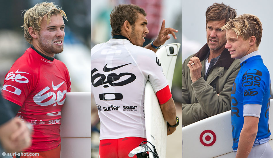 On the beach, it\'s all about strategy. Tanner Gudauskas, Jadson Andre, and Kolohe Andino consulting Mike Parsons. Photo: <a href=\"http://surf-shot.com\" target=\"_blank\">Surf-Shot.com</a>/Schmid