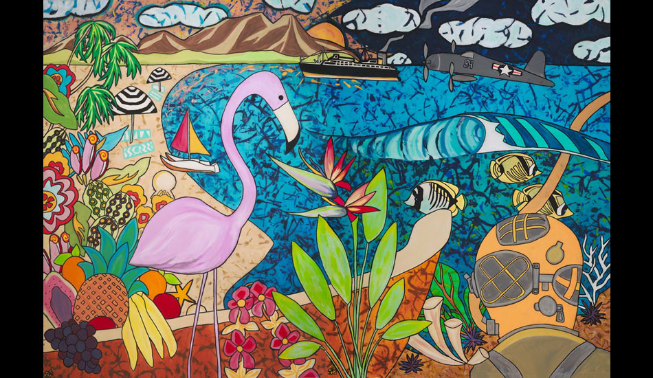 This is a painting titled \"Flamingo Diver.\" The theme of this painting is 1950s vintage Hawaii and Waikiki. 