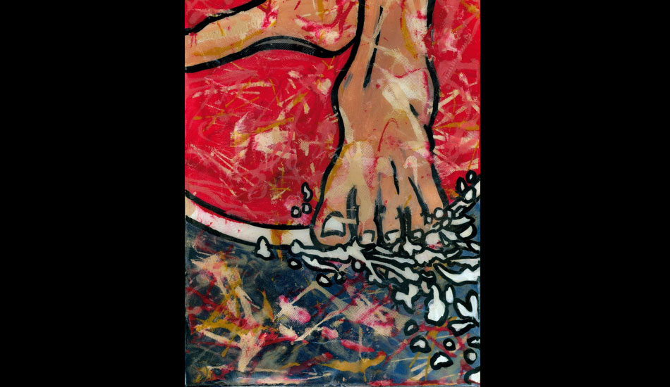 This painting is titled \"Surfer Toes.\" I like how you can really see the fiberglass cloth coming through the colors and creating texture in this one. 