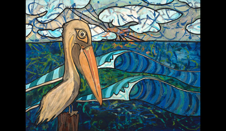 When I think of the ocean, I always imagine pelicans gliding past me while I\'m sitting waiting for my next wave. I really like to paint these unique birds.