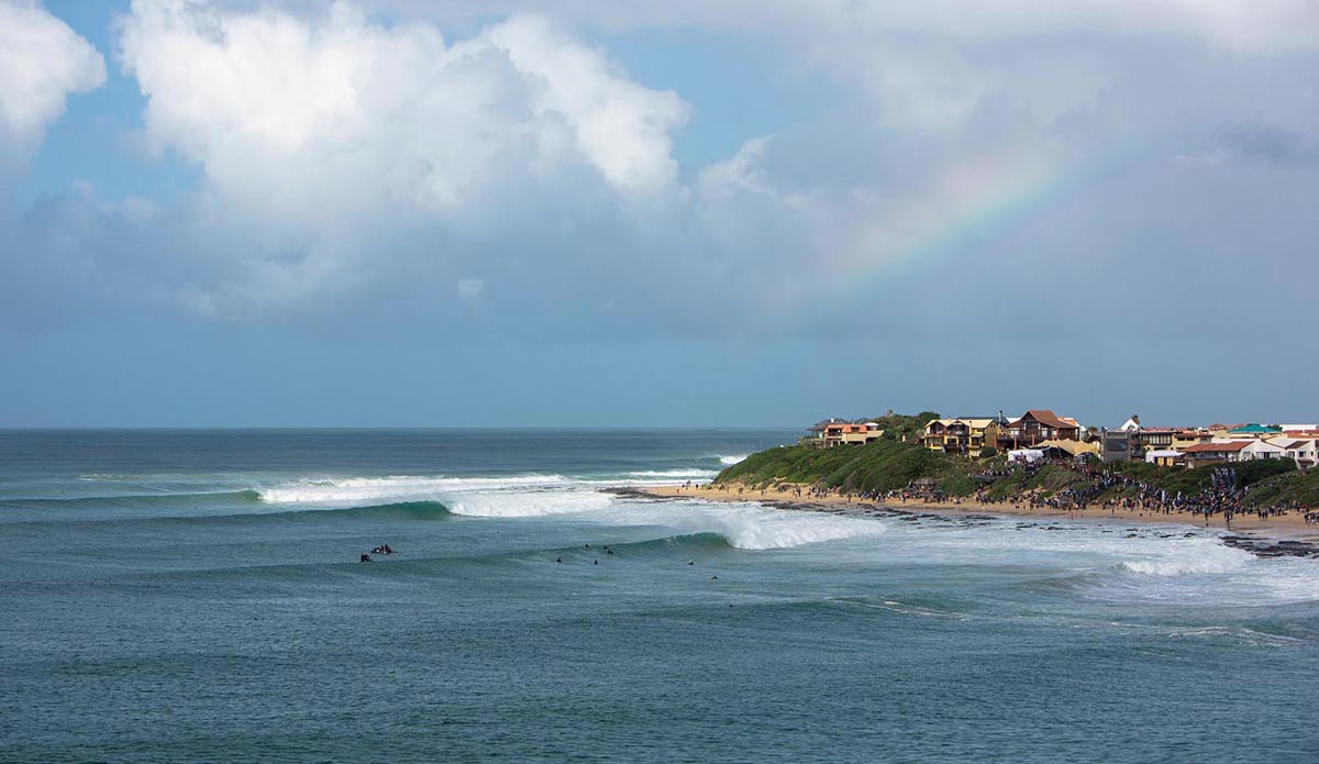 A rarely seen low aerial view of Supers, Jeffrey’s Bay. Six feet, rainbows, and everything in between.  Photo: <a href=\"https://instagram.com/alanvangysen\">Alan Van Gysen</a>