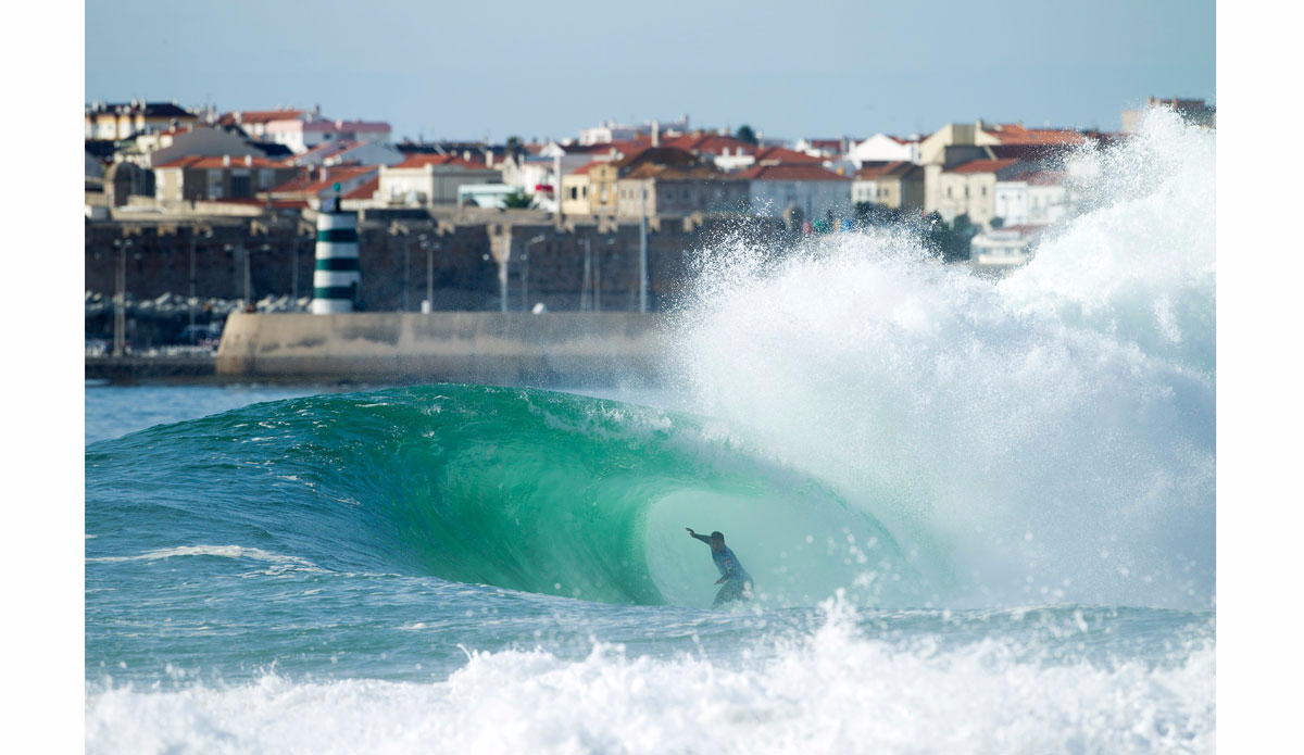 Michel Bourez finished number 5 in the world last year. His nickname is the Spartan and he surfs like a beast. This shot was taken during the Portugal event and he scored the perfect 10 on this wave.  Photo: <a href=\"https://instagram.com/alexlaurelphotographie\">Alex Laurel</a>