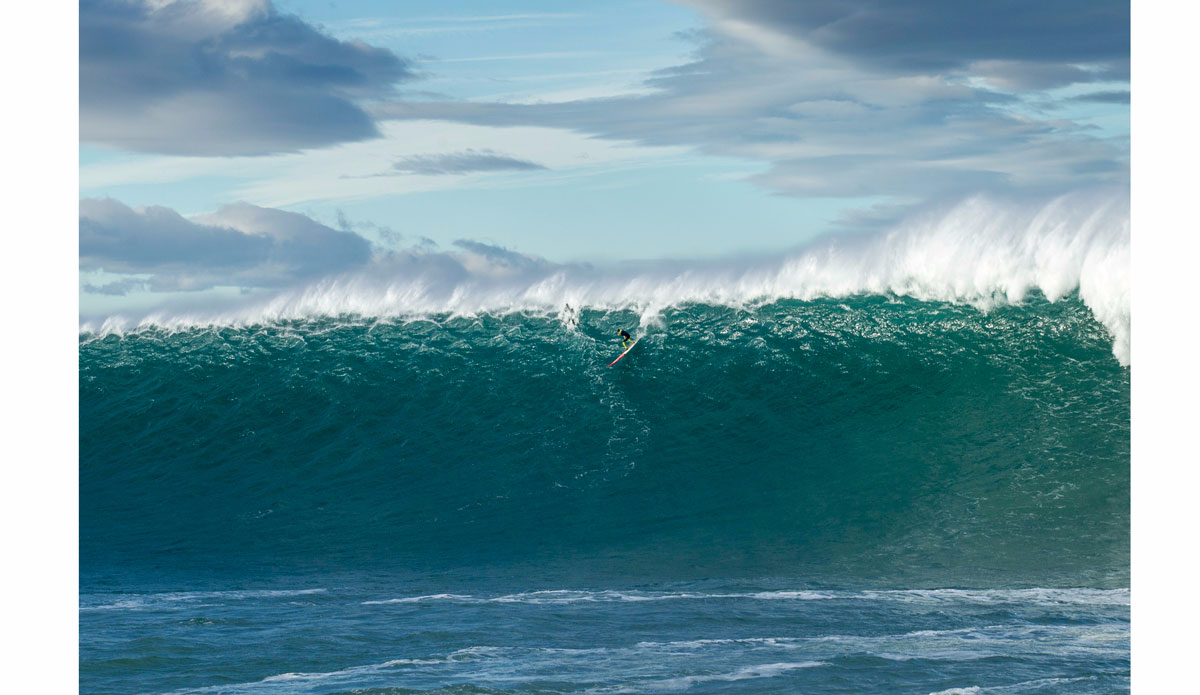 In the following year when Jamie Mitchell and Shane Dorian came to France and try to paddle this big wave. Until today, this is the biggest wave that a surfer ever attempted to paddle into at Belharra. Seconds later after this photo was taken, he had the biggest wipe-out you could imagine. Photo: <a href=\"https://instagram.com/alexlaurelphotographie\">Alex Laurel</a>