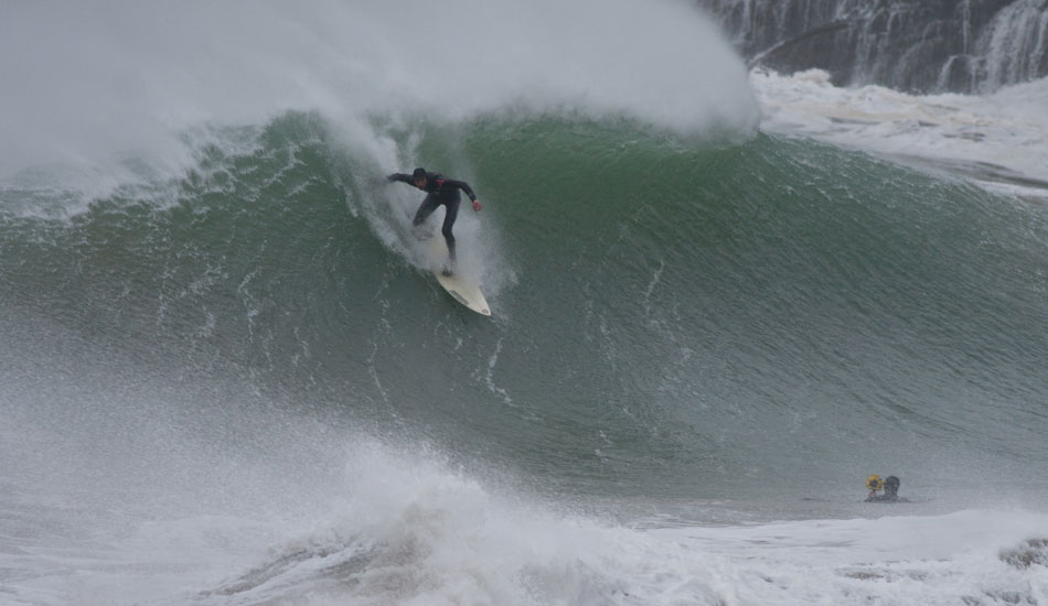 When big winter storms slam into the Cornish coast, forgotten coves lurch into action.  James Carr hooking into a  windswept wedge. 